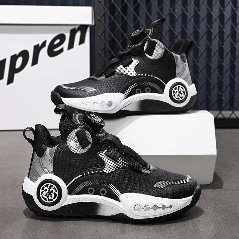 

Children Basketball Shoes Shock-Absorbing Anti Slip Flat Bottom Outdoor Sports Shoes Soft Breathe Leather Sneakers for Kids