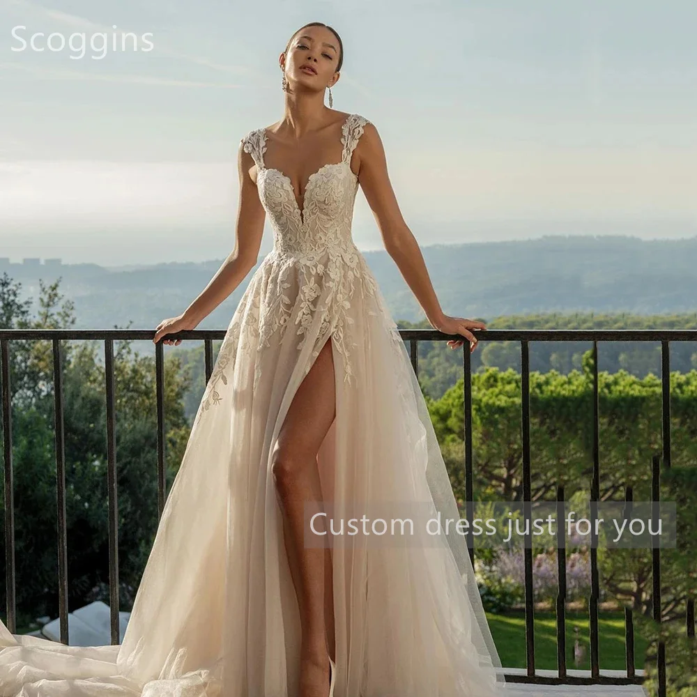 Scoggins  فساتين سهرة Customize Evening Dress A-Line Hig Split Dubai Luxury V-Neck Floor-Length Zipper Up Lace Wedding Dress