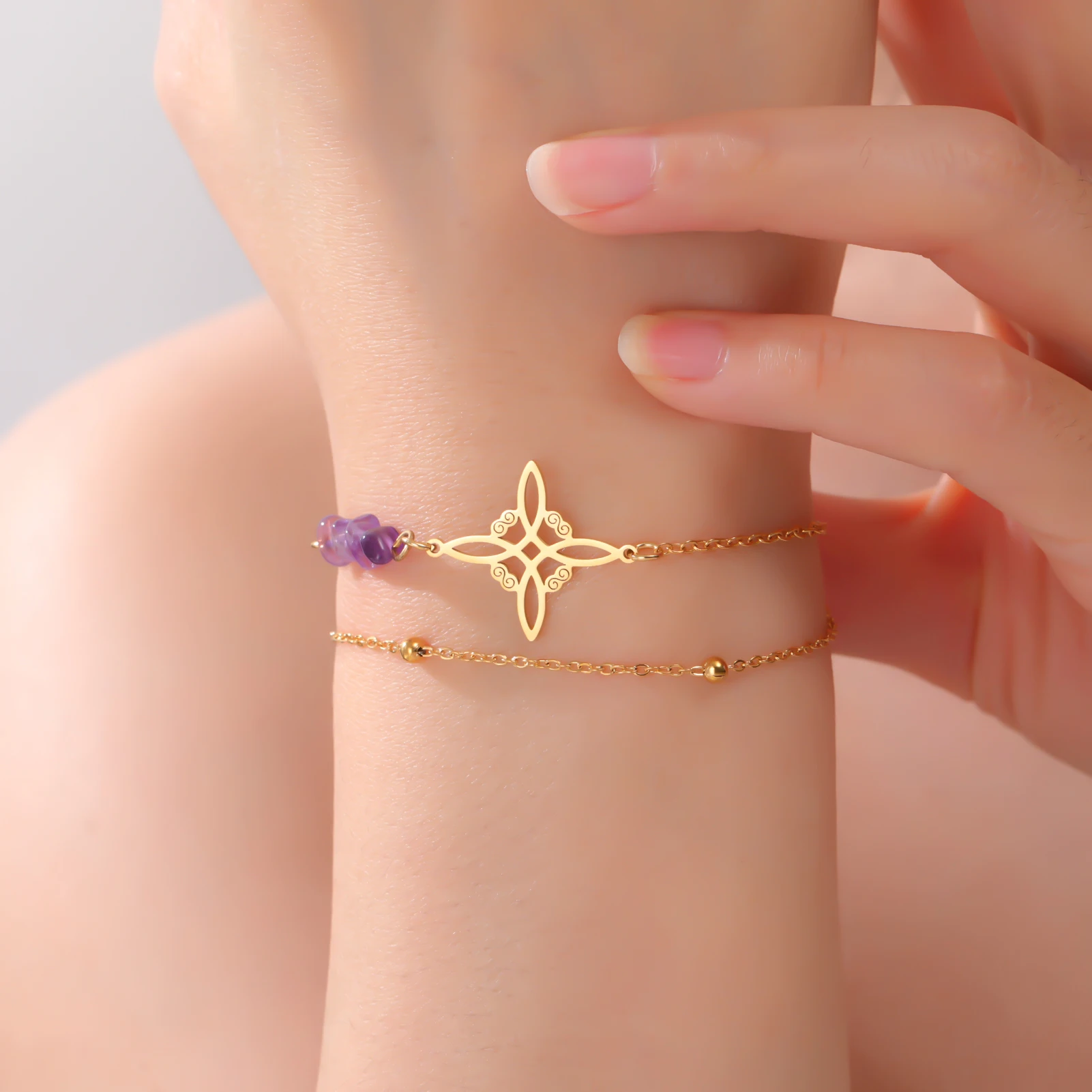 COOLTIME Amethyst Hexenknoten Armband für Frauen Edelstahl Gold Farbe Hexe Schmuck Geschenk Großhandel – Detail 4