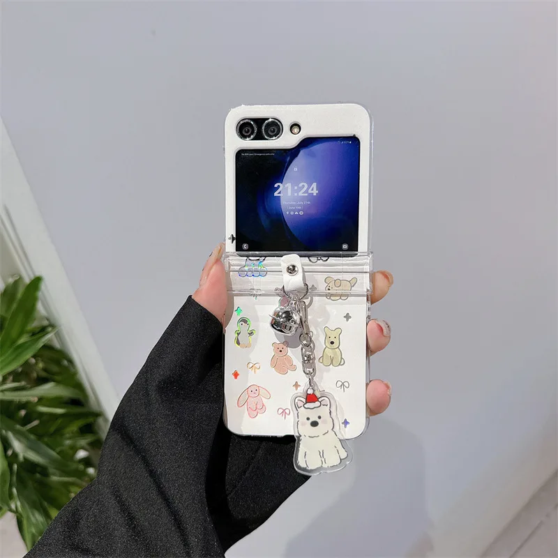 

Dog Pendant White Phone Case For Samsung Galaxy Z Flip 7 6 5 4 Protective Back Cover For ZFlip5 ZFlip6 ZFlip7 Case Shell