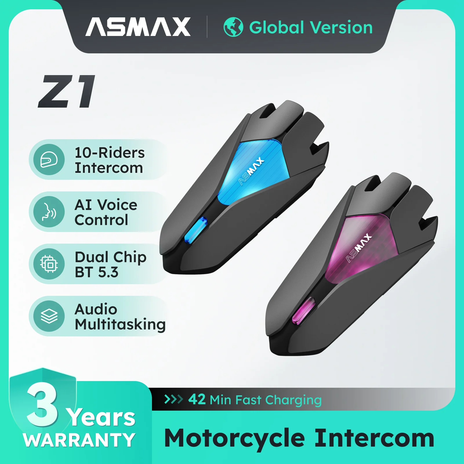 

ASMAX Z1 Мото Bluetooth-гарнитура 10 гонщиков Сетчатый шлем Системы связи AI Голосовое управление Домофон ENC Шумоподавление