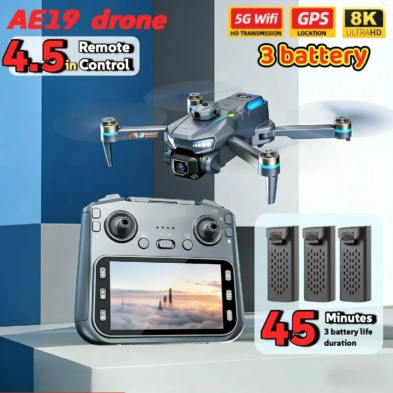 Hot Sale AE19 GPS Drone 4K Dual Camera 4 3 Inch Screen 360 Obstacle Avoidance 3 Batteries RC Quadcopter Outdoor View Flight ProX