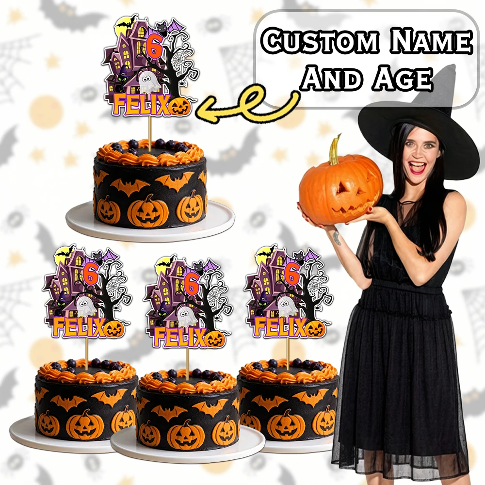 1pc Celebrate Halloween Birthday Cake Topper - Spooky Castle Bat Pattern Design, Customized Age & Name, Halloween Decoration view 2