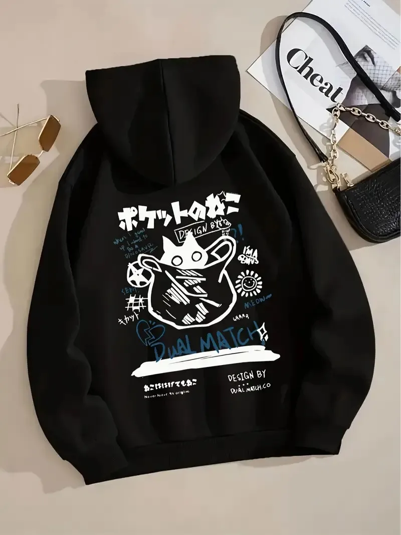 Japanischer Stil, schwarzer Katzen-Hoodie für Herren und Damen, Outdoor, Streetwear, lässig, modisch, sportlich, Cartoon, Langarm, Herbst-Winter-Sweatshirt, Oberteil – Detail 6
