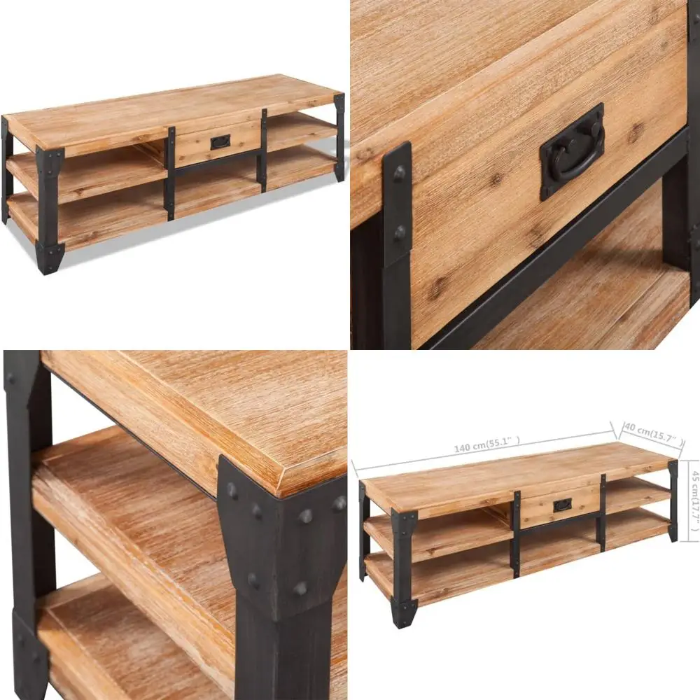 Acacia Wood TV Stand with Storage Drawer and Steel Legs for Living Room Durability