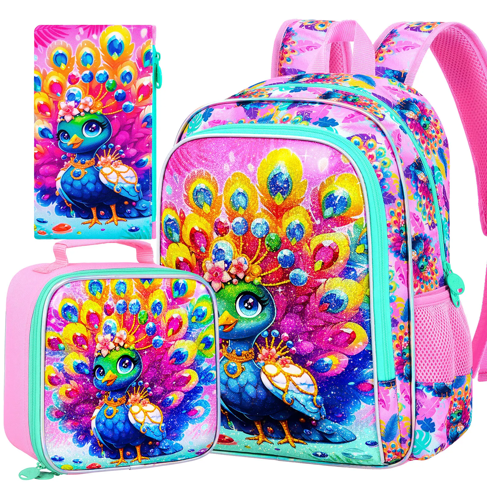 

3PCS Peacock Bookbag for Girls, Kids Bookbag with Lunch Box, 16" Preschool Backpacks for Elementary - Peacock Green