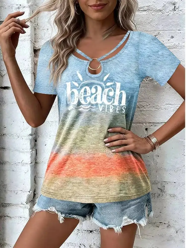 Women's T-Shirt Spring Summer Light Blue Ombre Orange Beach Vibes Print V Neck Metal Ring Cutout Short Sleeve Loose Vacation