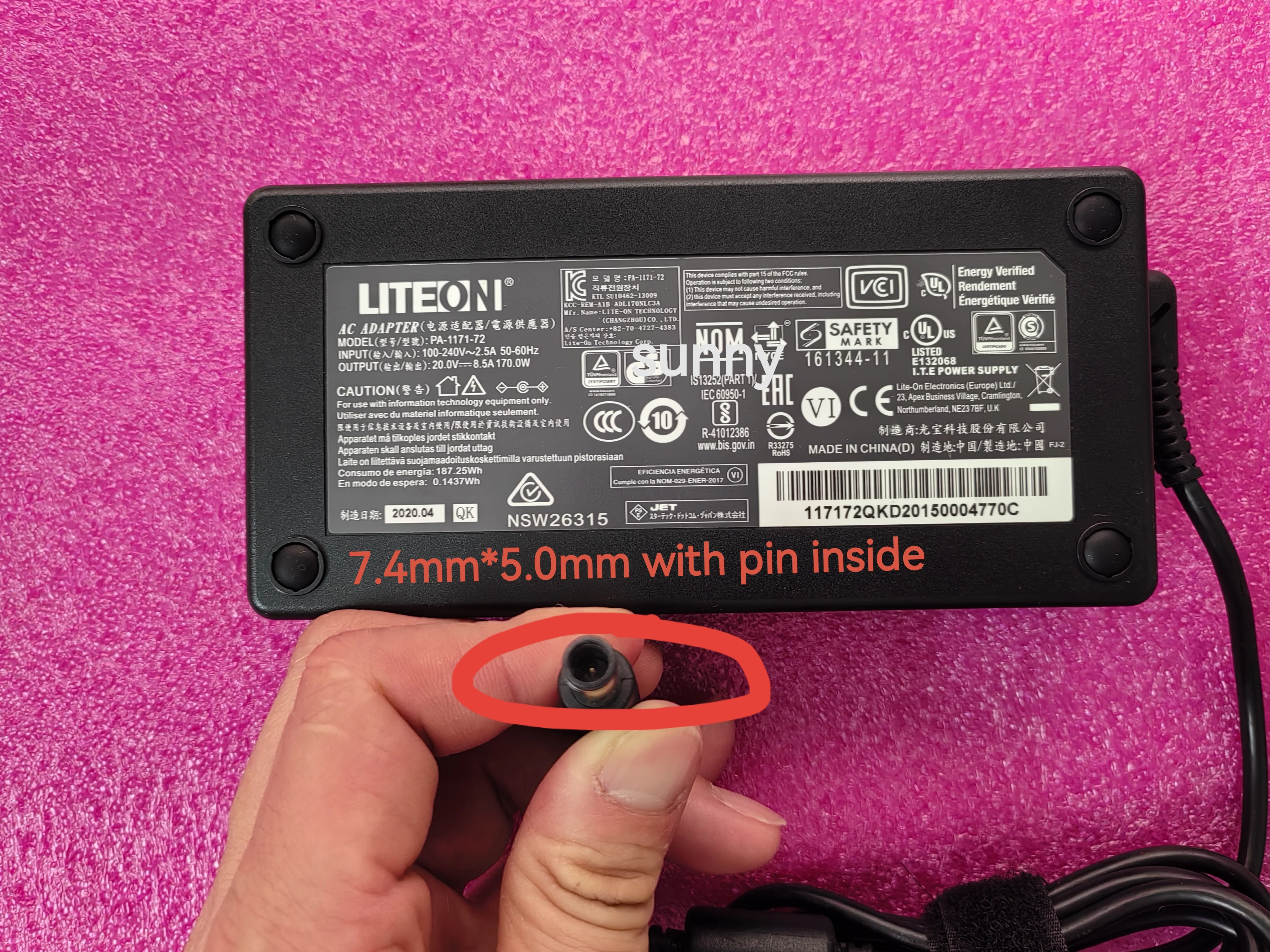 

Original LITEON Slim 20V 8.5A PA-1171-72 7.4mm*5.0mm Pin 170W AC Adapter For Belkin Thunderbolt 3 Dock Pro Charger