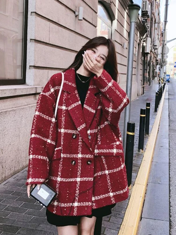 

Christmas Red Faux Woolen Plaid Coat Long Sleeve Vintage Loose Elegant Jacket Fall Winter Female Korean Retro Sweet Outwear Tops