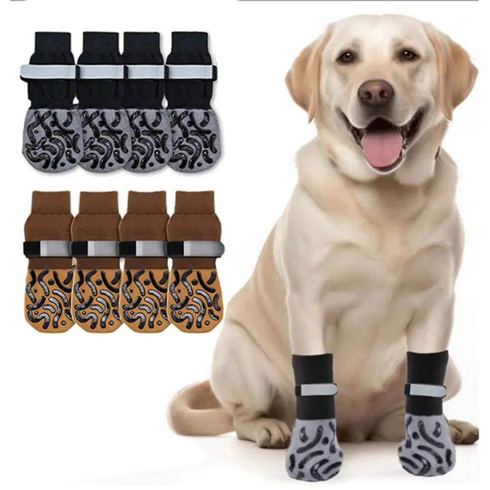 4Pcs Non-Slip Dog Socks with Silicone Grippers Licking Paws Prevention Adjustable Strap Elastic Socks Dog Floor Grip Socks