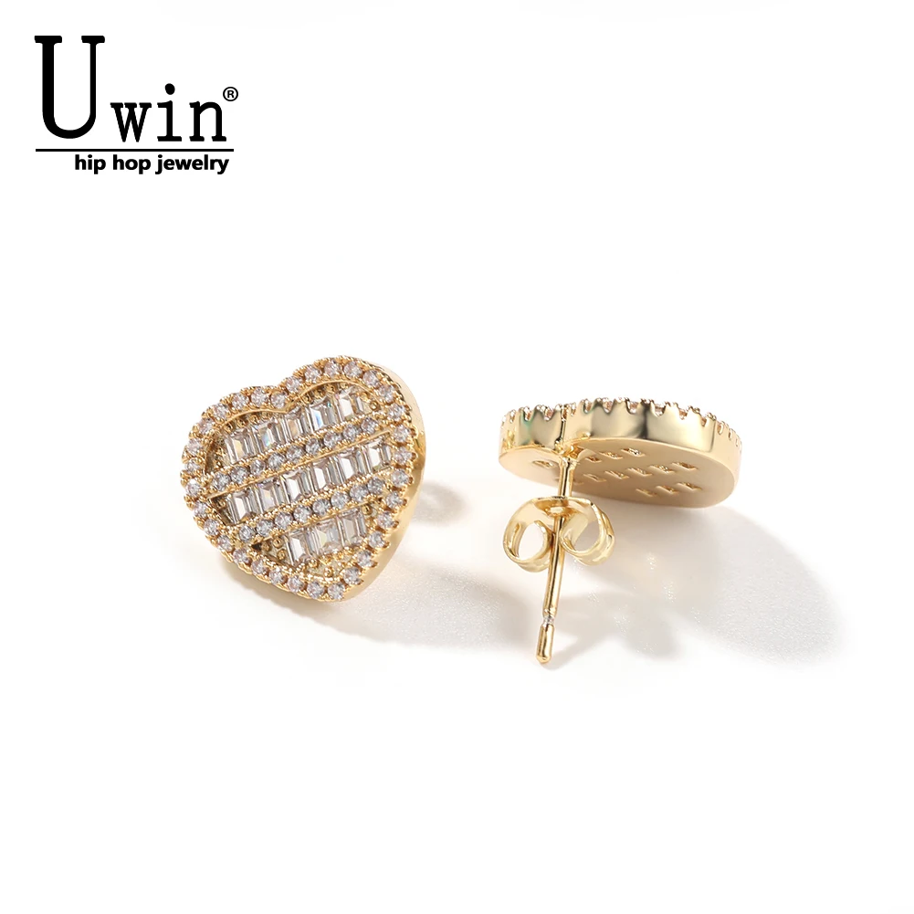 UWIN New Heart Shaped Screw Back Stud Earring Iced Out Baguette Cubic Zirconia Men Women Hiphop Jewelry Best Gift