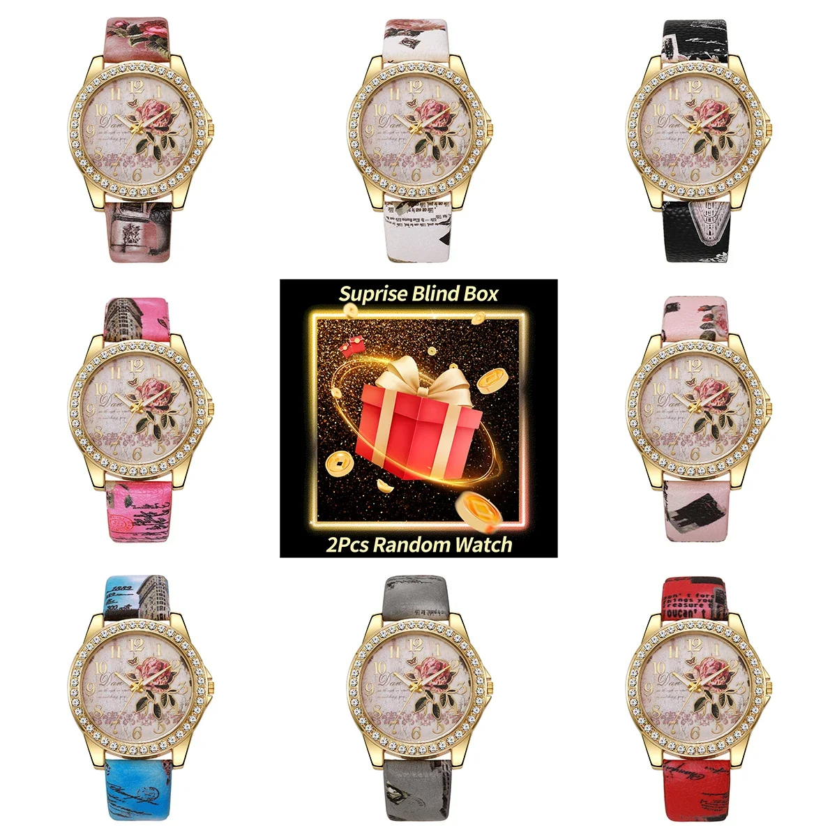 

2 Pcs Surprise Mystery Watch Box Blind-Fashion Flowers Female Watch Leather Bracelet Arabic Dial Wrist Watch Random Color