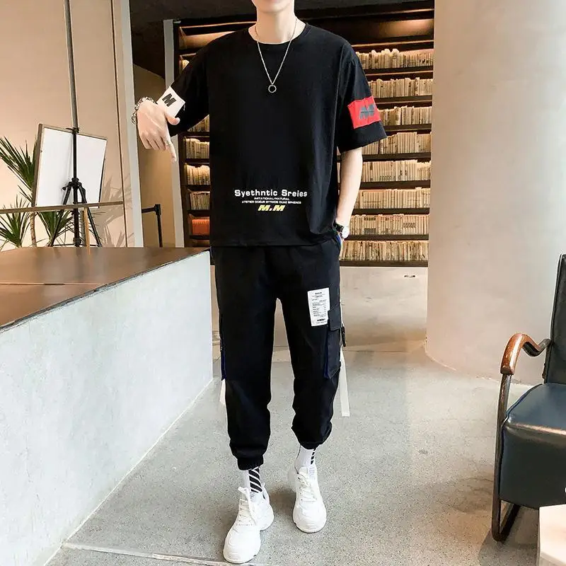 

Kpop Male T Shirt Slim Fit Stretch Cargo Pants Sets Cool Grey Chic Top Casual Cotton Korean Style Young La Nylon Clothes for Men