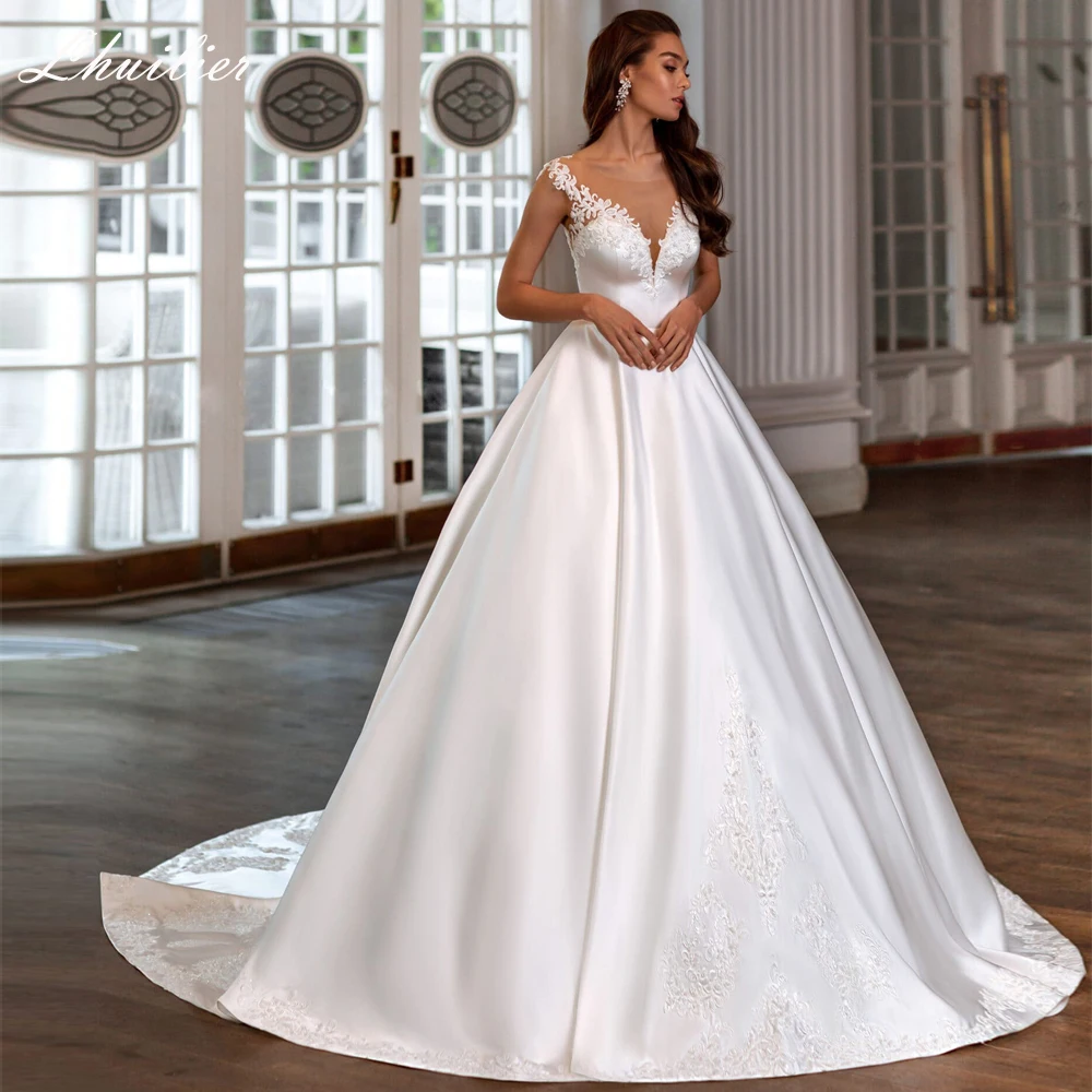 

Lhuillier Customized A Line Scoop Neck Satin Wedding Dresses Floor Length Beaded Bridal Dress with Lace Appliques