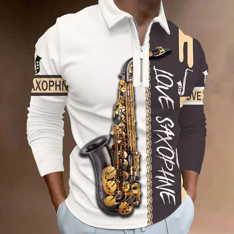 Piano Musical Fashion 3D Print Polo Zipper Long Sleeve Shirt for Men Button Down Fashion Shirt