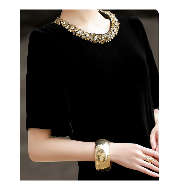 فستان نسائي من الحرير المخملي الطبيعي بالكامل مع زخرفة مطرزة، وسحر أنيق ونبيل. الفستان أملس ولامع #5