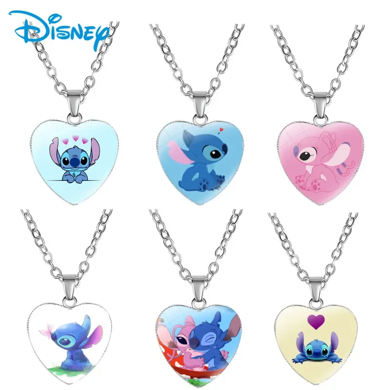 Cartoon Disney Stitch Heart Necklace Anime Lilo & Stitch Photo Printed Glass Pendant Kids Handmade Jewelry Girls Birthday Gifts