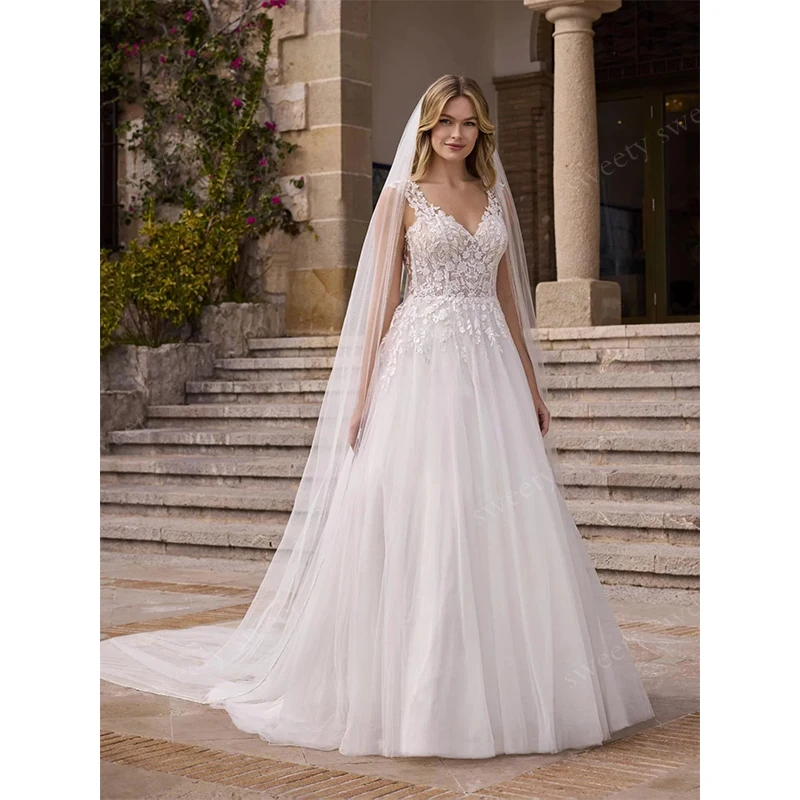 High Quality Wedding Dress Organza With Embroidery A-Line Floor Length Ballgown Sleeveless V-Neck Bridedress Customized Backless