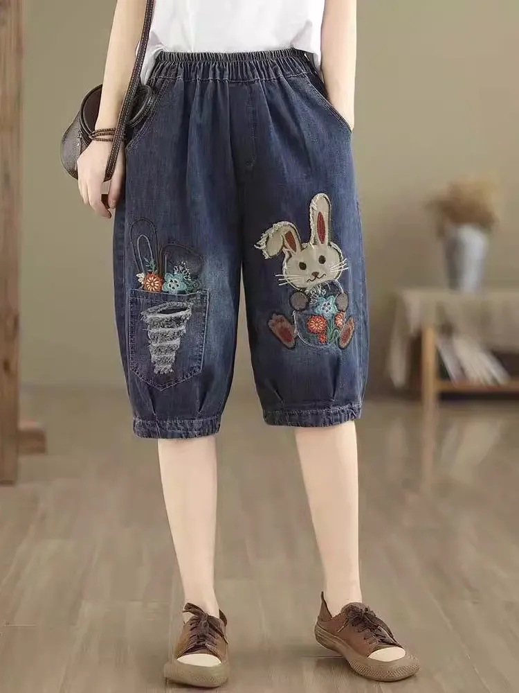 Summer Thin Cartoon Embroidered Loose Casual High Waist Harem Shorts Women's Five-Quarter Length Jeans Style Loose Fit Shorts