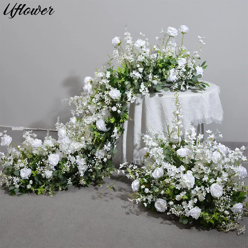

Uflower White Rose Green Leaf Artificial Flower Arrangement Flower Row Floral Event Flower Ball Wedding Backdrop Party Decor