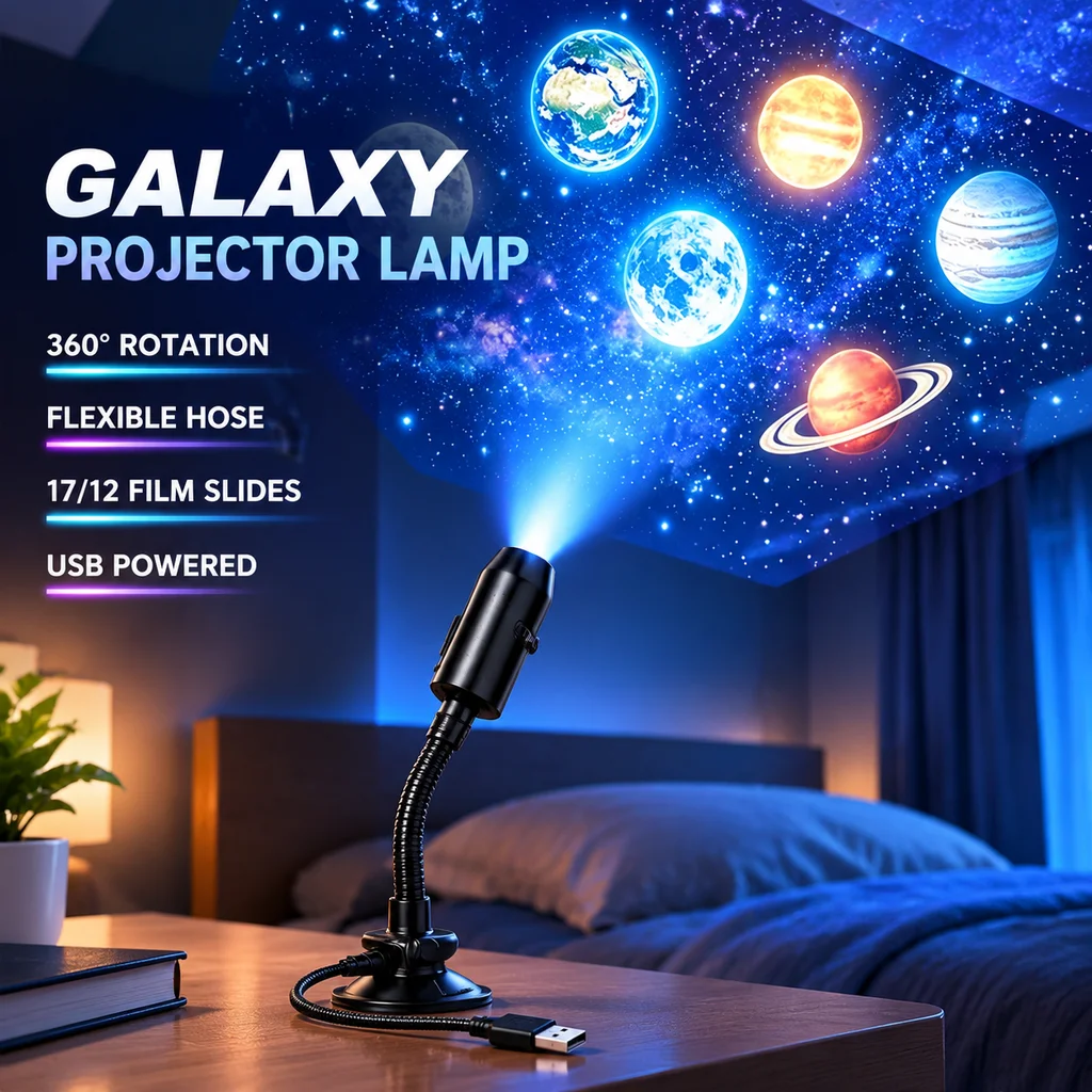 USB Starry Sky Projector Lamp 360° Rotatable Flexible Hose Planet Galaxy Projection Light with 17/12 Pcs Film Slides Bedroom