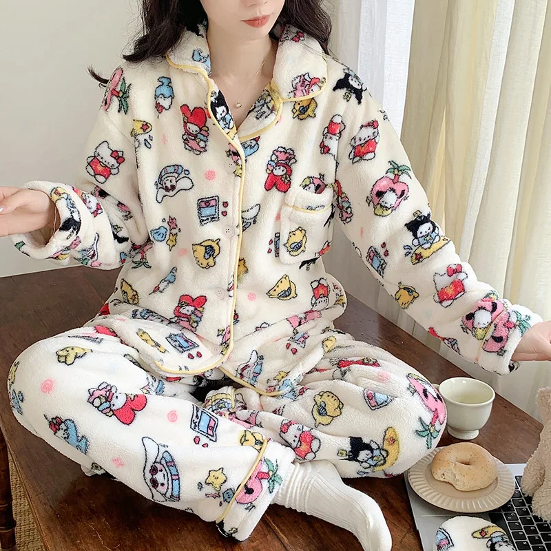 

Sanrios Hello Kittys Pajamas Anime Cartoon Pochacco Cinnamoroll Sweet Girl Winter Plus Velvet Student Two Piece Loungewear Set