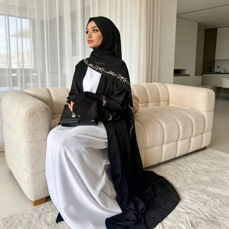 

EID Dubai Abaya Manufacturer Islamic Clothing Abaya Women's Dresses Front Embroidery Abaya and Hijab 2PCS Set For Summer