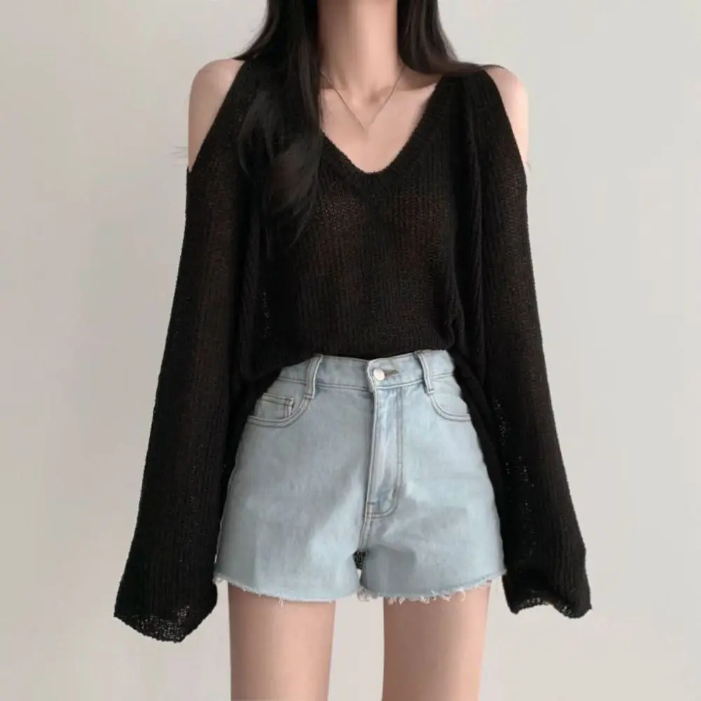 

Chic Hollow Out Knit Long T-shirt Pullover Long Sleeve Crochet Knitwear Chic V-neck Knitted Loose Top Women