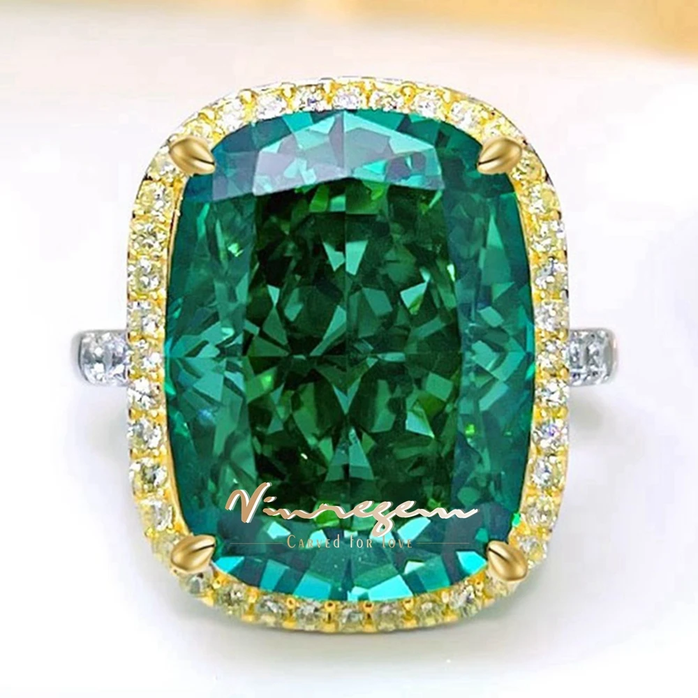 Vinregem 12*16 MM 14 CT Crushed Ice Cut Emerald Citrine Gemstone 100% 925 Sterling Silver Cocktail Party Women Ring Fine Jewelry