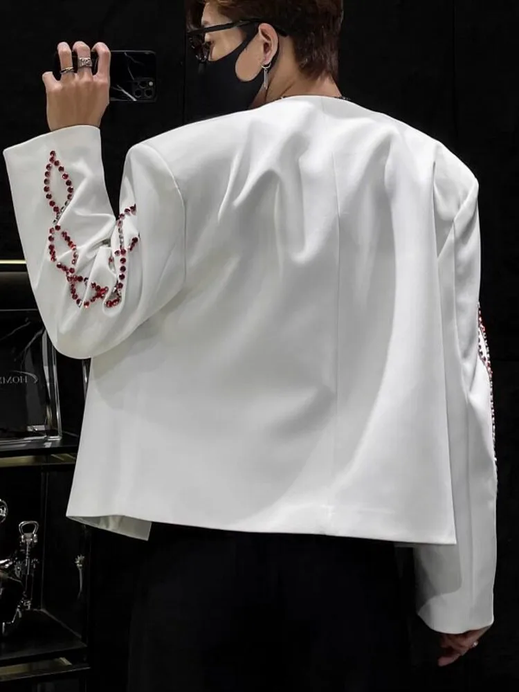 Chic Men O Neck Red Diamonds Short Jackets New Korean Style Single-Breasted Personalized Coat Fashion Casual Long Sleeves Jacket
