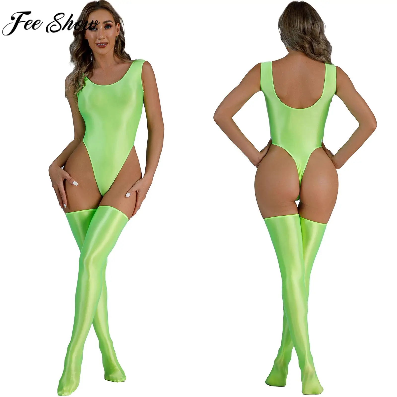 Womens Glossy Backless Bodysuit Sleeveless High Cut Leotards with Stockings Rave Party Bar Pole Dancing Music Festival Catsuit