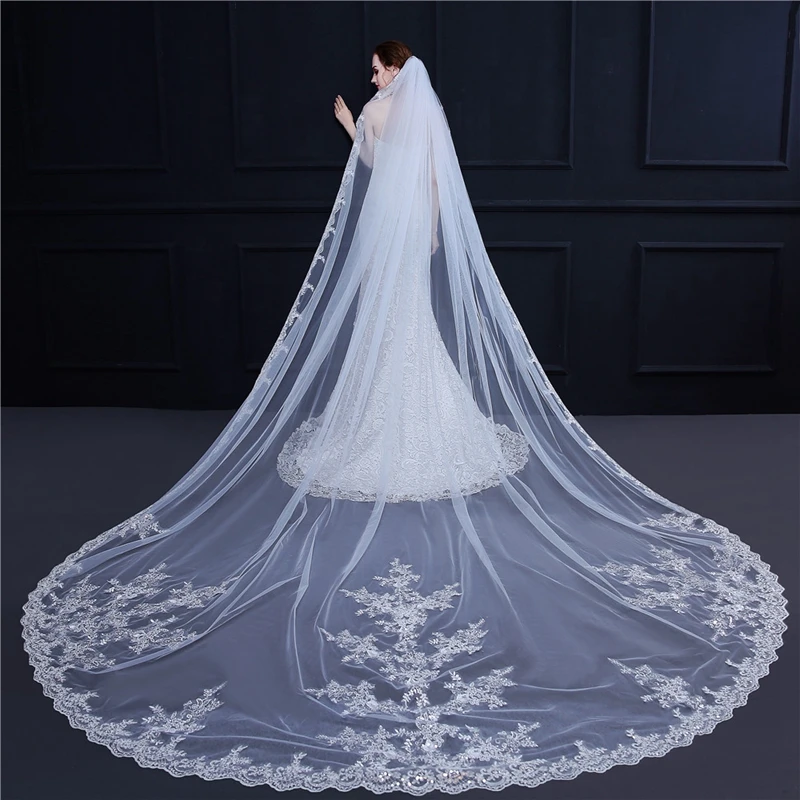 

New White Ivory Edge Lace Appliques Bridal veils Metal Comb Veu de noiva wedding veil long Weeding accessories Veu Velo Noiva