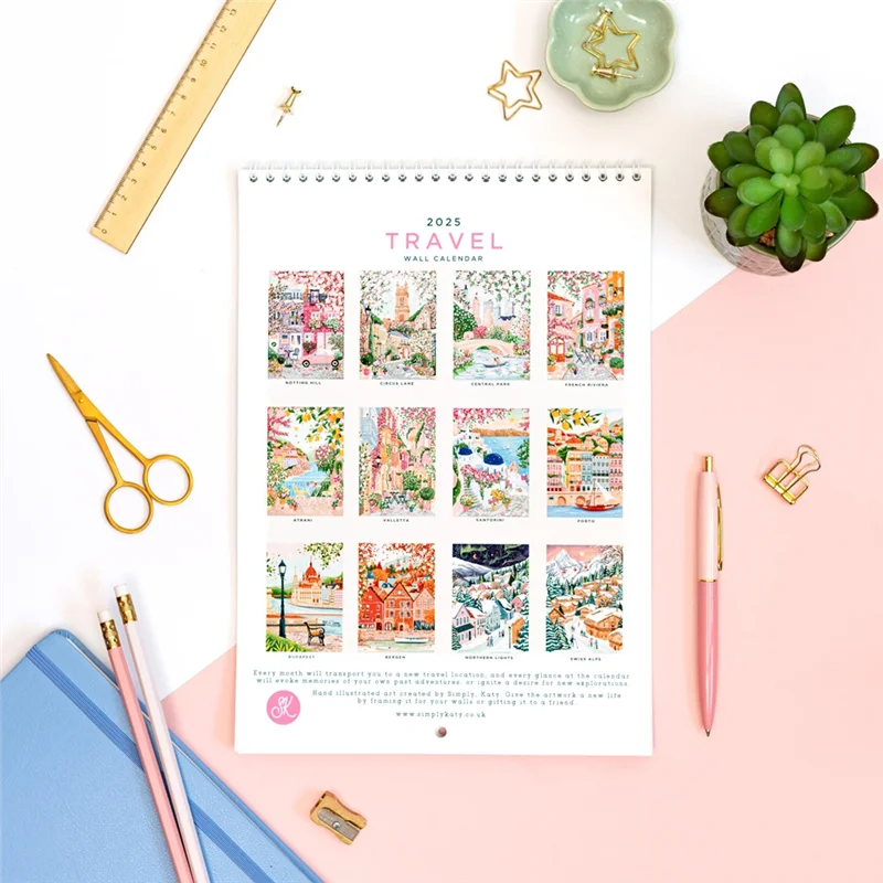 QWE-2025 달력, 여행 벽걸이 달력, 월간 플래너, 벽걸이 달력, 벽 장식, 문구류, 그녀를 위한 선물, 코티지 코어