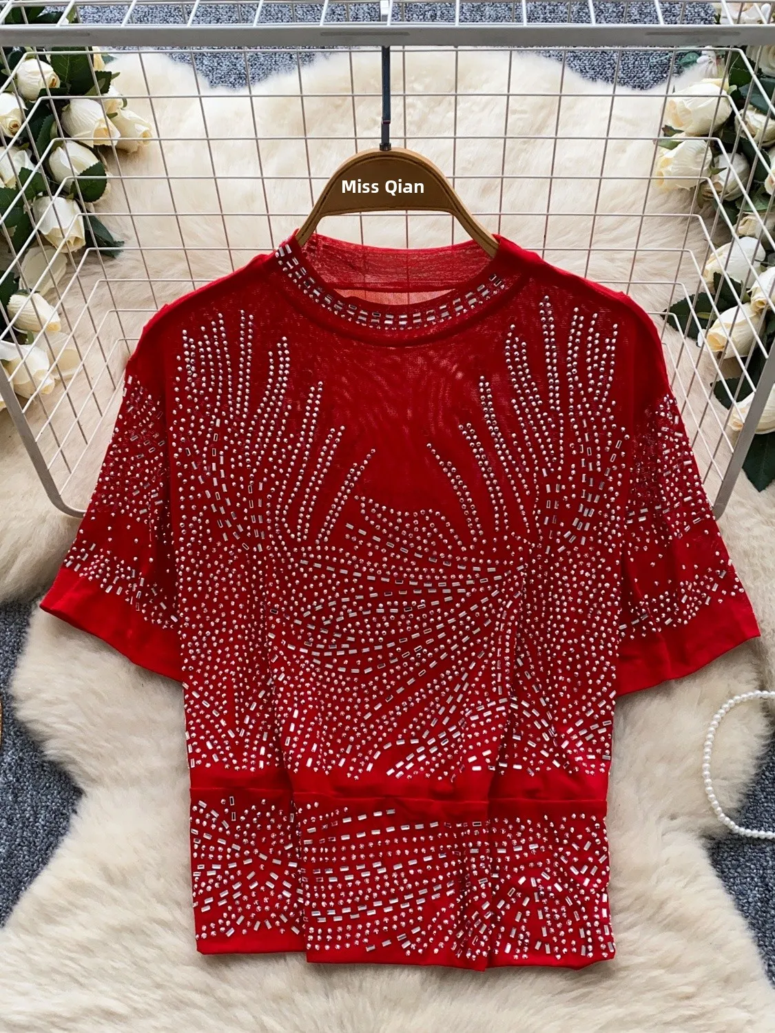 ort Sve T-irt Women's Autumn Faion 2025 New Version Netting Top Thin Sparkling Diamond Slimming Effect Casual Wear