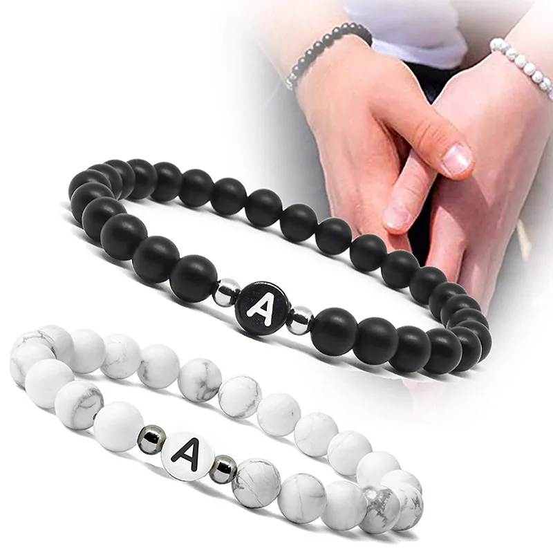 6mm 26 Letters Bracelet Unisex Black Frosted Stone Beaded Bangle Handmade DIY wristlet for Women Men Couple Friendship Gifts