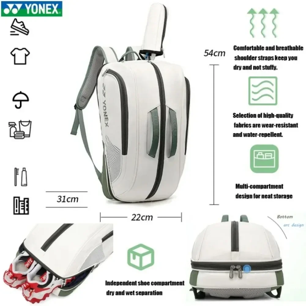 YONEX High Quality Badminton Bag Leather Tennis Racket Sports Shoulder Backpack Multifunctional Maximum Capacity 6 Pieces Racket