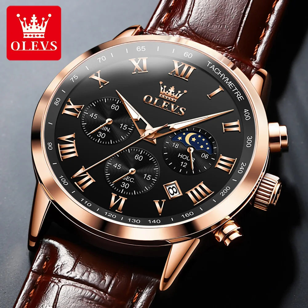 OLEVS Luxury Quartz Watch for Men Business Waterproof Sport Male Watches Leather Strap Moon Phase Wristwatch Relogios Masculino