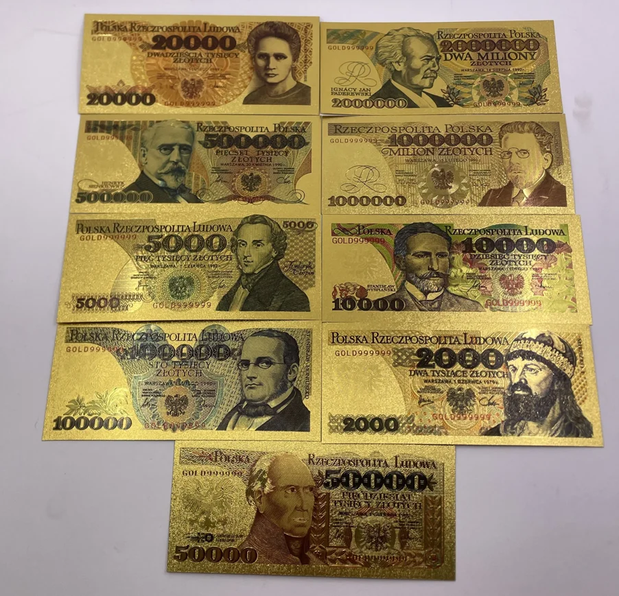 Poland 10 20 50 100 500 1000 Banknotes Colored Gold Foil Polish Banknote for Currency Crafts Colleciton and Gifts