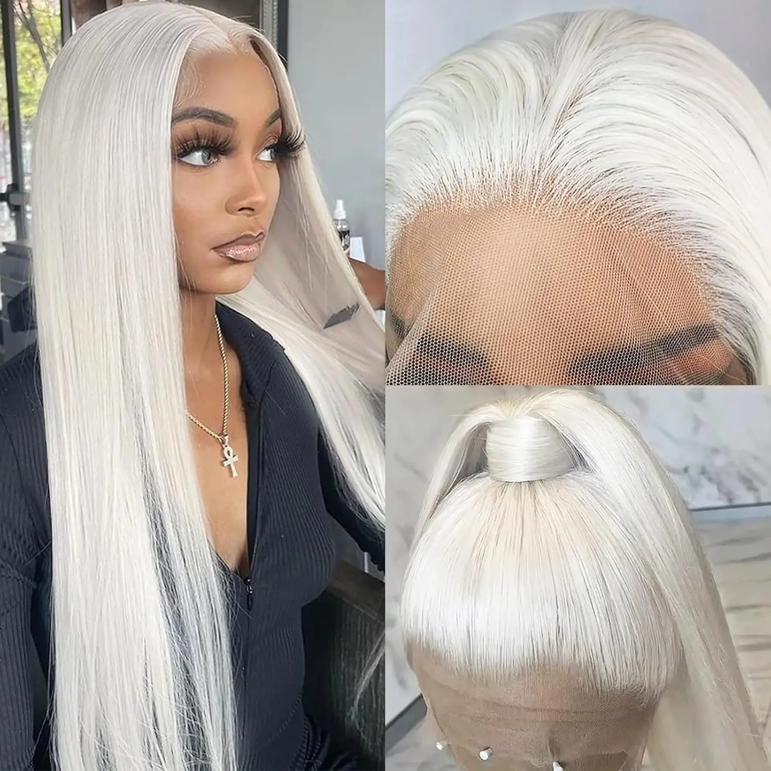 WeirdGoth 13*4 Lace Front White Synthetic Wig Long Straight Cosplay Halloween Hair Wig