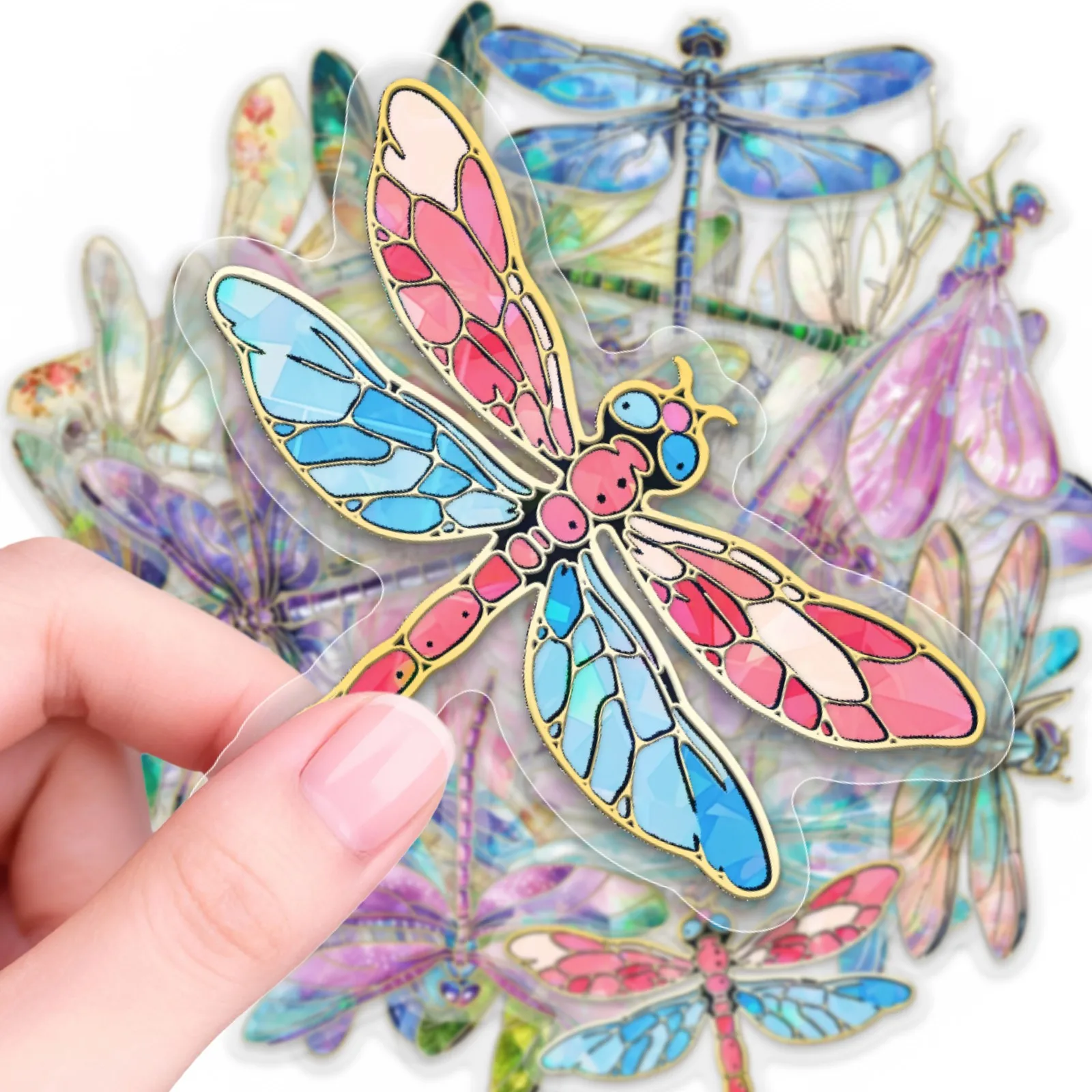 30-piece mosaic dragonfly stickers, artistic painting style, mosaic design, diverse dragonfly patterns, cute cartoon stickers, suitable for decorating notebook water bottles
