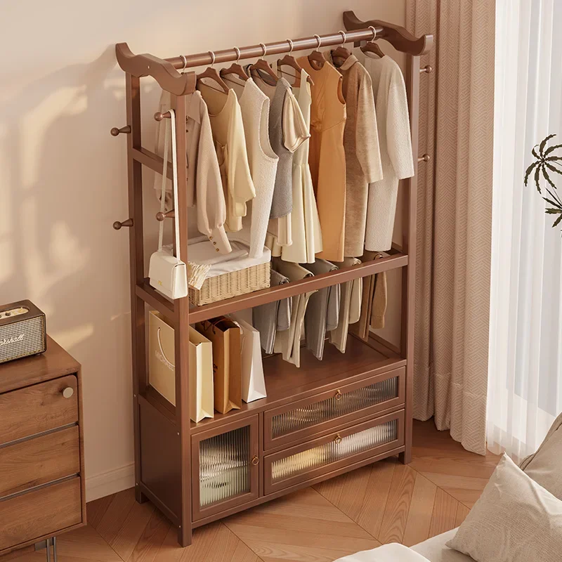 

Bedroom hanger Solid wood household coat rack Clothes rack Integrated belt Multifunctional