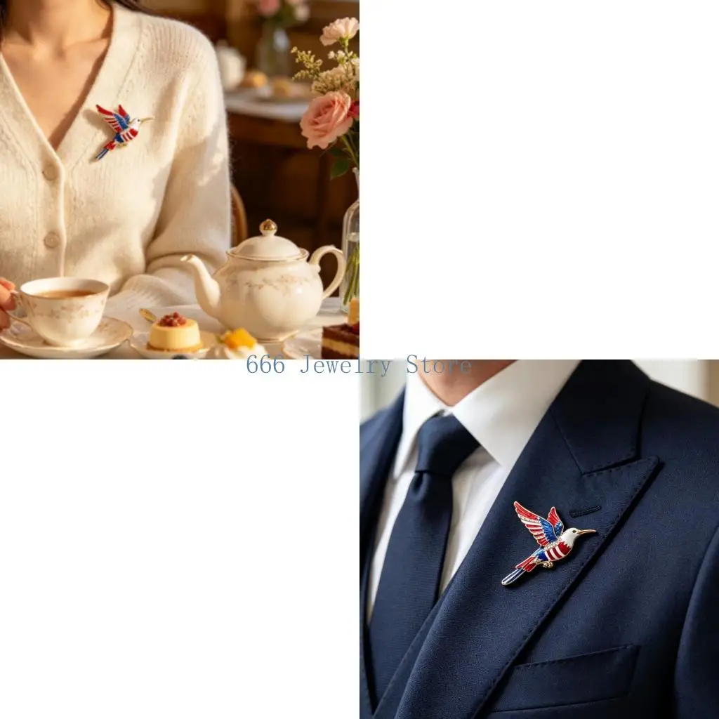 F2TD Patriotic Stripe Hummingbird Brooch Lapel Pin For Women Men Independence Day Celebration Gift