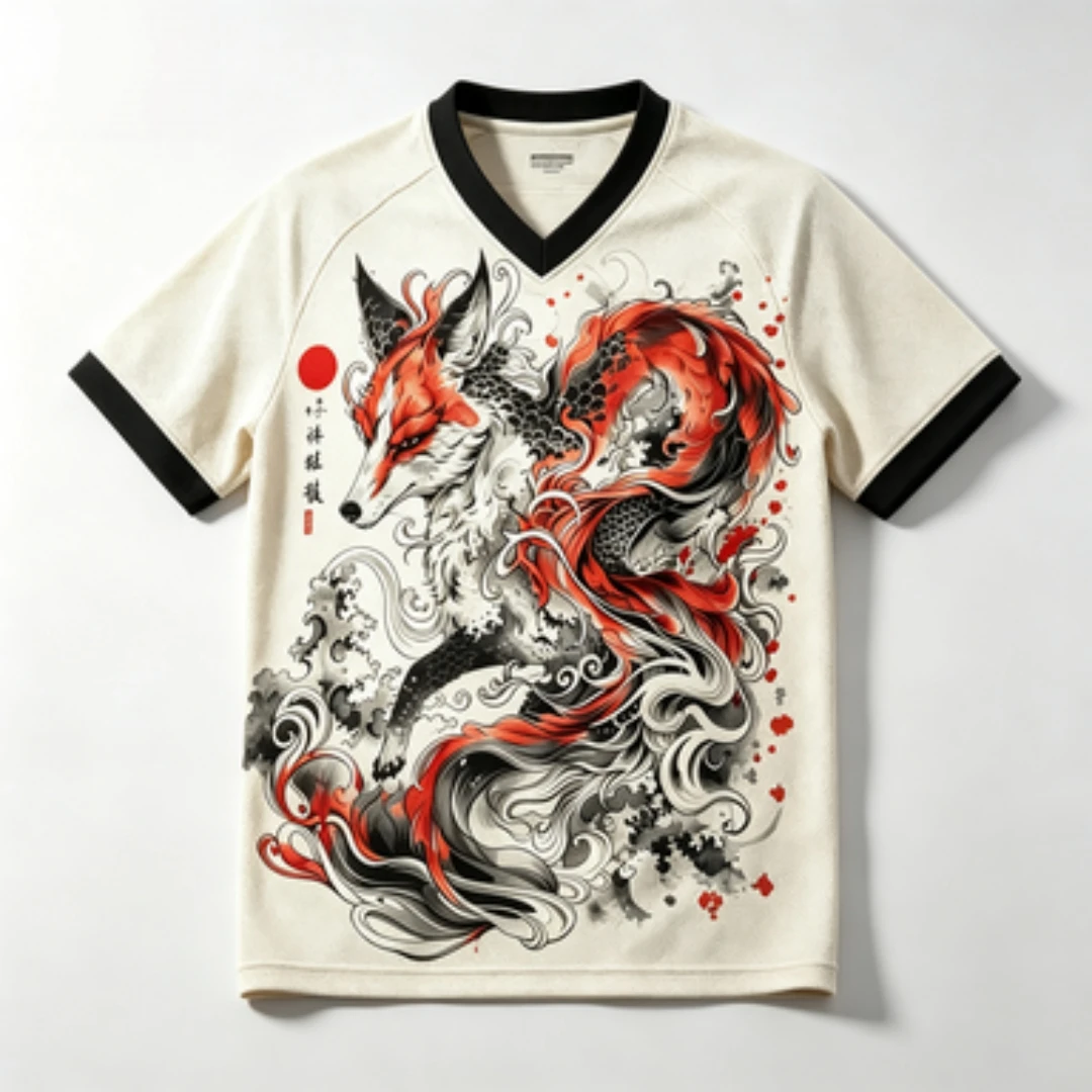 2026 New 3D Printed Ukiyo-e Nine Tailed Fox Wave Art Pattern V-neck, Loose Casual Street Style Sports T-shirt