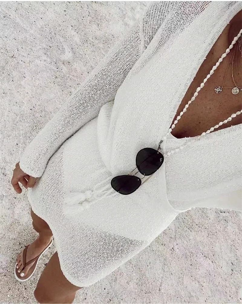 Summer Long Sleeve Deep V Neck Crochet Bikini Cover up Sexy See-through Beach Dress Women's Swimwear Sunscreen Tunic