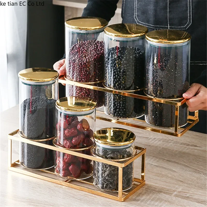 New Single Kitchen Airtight Jar Candy Glass Jar Three-piece Storage Tank for Whole Grains with Lid Kitchen Storage Box with Rack