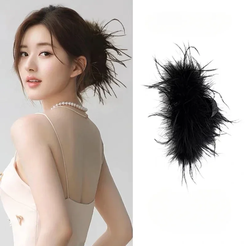 Korean version ins wind feather grab clip premium hairpin female ostrich hair hairpin back head disc hairpin shark accessories