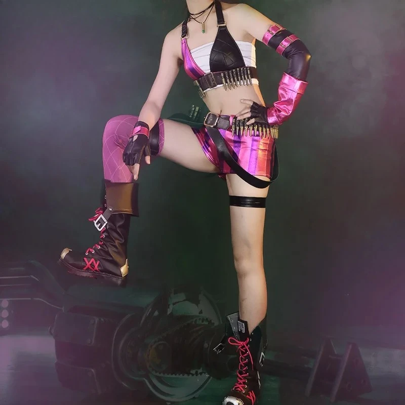 جميع أزياء الحفلات الباروكات Lol League of Legends Cos Jinx الحرير الخام الجلد مكافحة الشغب لولي تأثيري لعبة أنيمي فتاة الملابس