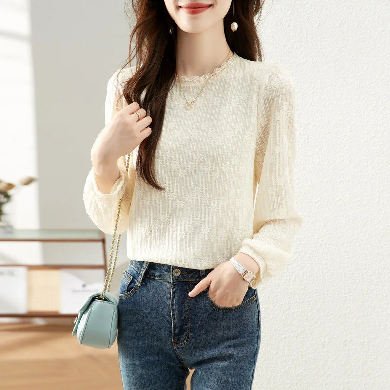 Spring Autumn Fashion Simple Lace Patchwork Slim Solid Basic T Shirt Women Casual O Neck Long Sleeve Pullover Top Female Clothes