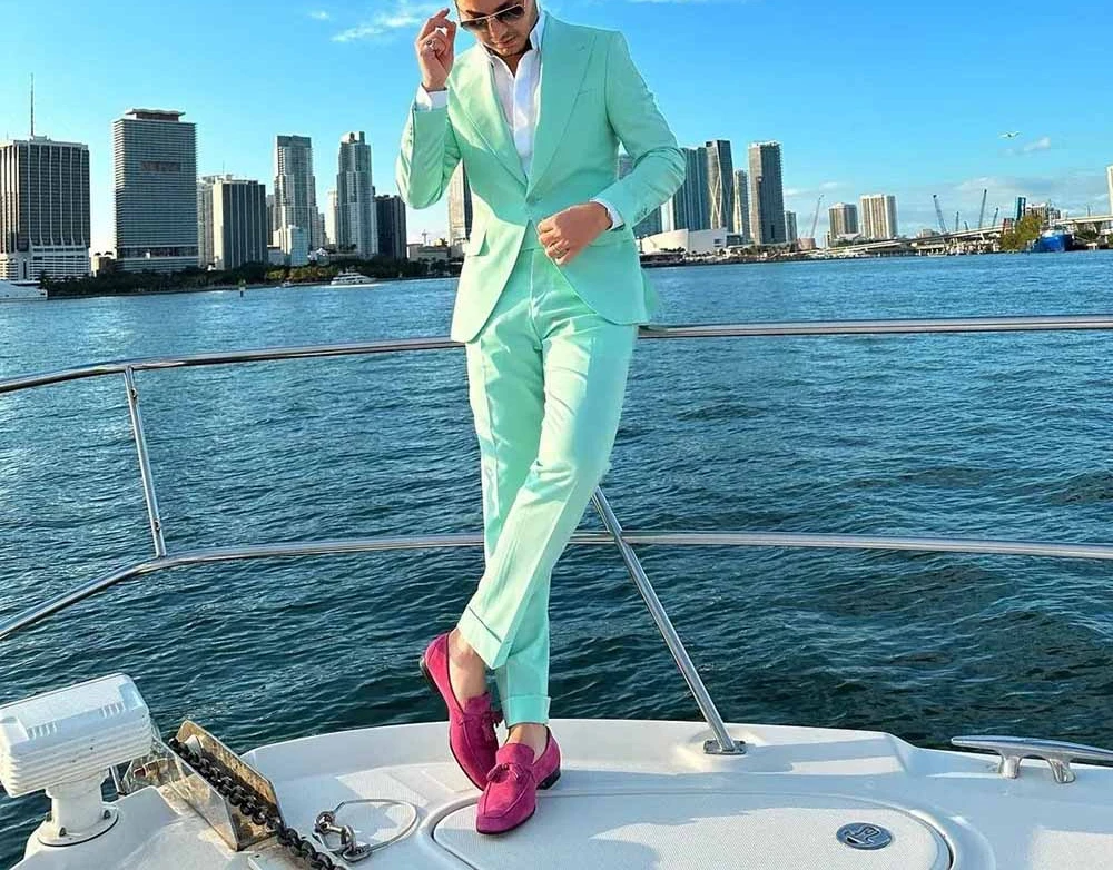 Mint Green Men\'s Suits Single Breasted Slom Fit Formal Blazer Traveling 2 Piece Jacket Pants Slim Fit Costume Homme