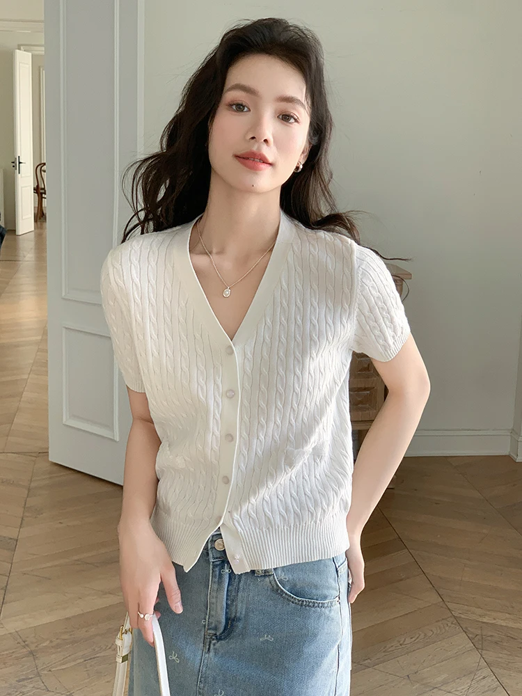 Summer Design V-Ne ort Sve Cardigan aperto Top lavorato a maglia con giunture in pizzo sottile Parte superiore del corpo slim fit bianca premium da donna